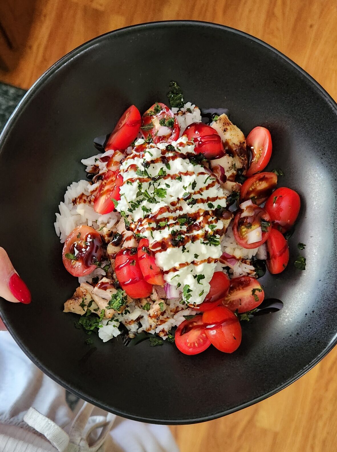 Caprese Style Chicken Bowl with Lemon Garlic Rice
